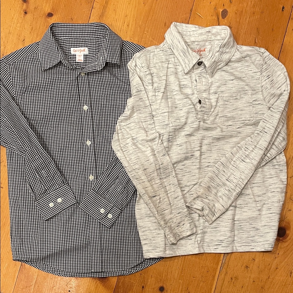 Two Cat & Jack Black Checkered and Gray Button Down Shirts size 6/7